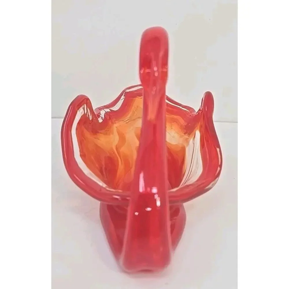 Vintage Large Glass Swan Candy Dish Orange Swirl Hand‎ Blown MSC1